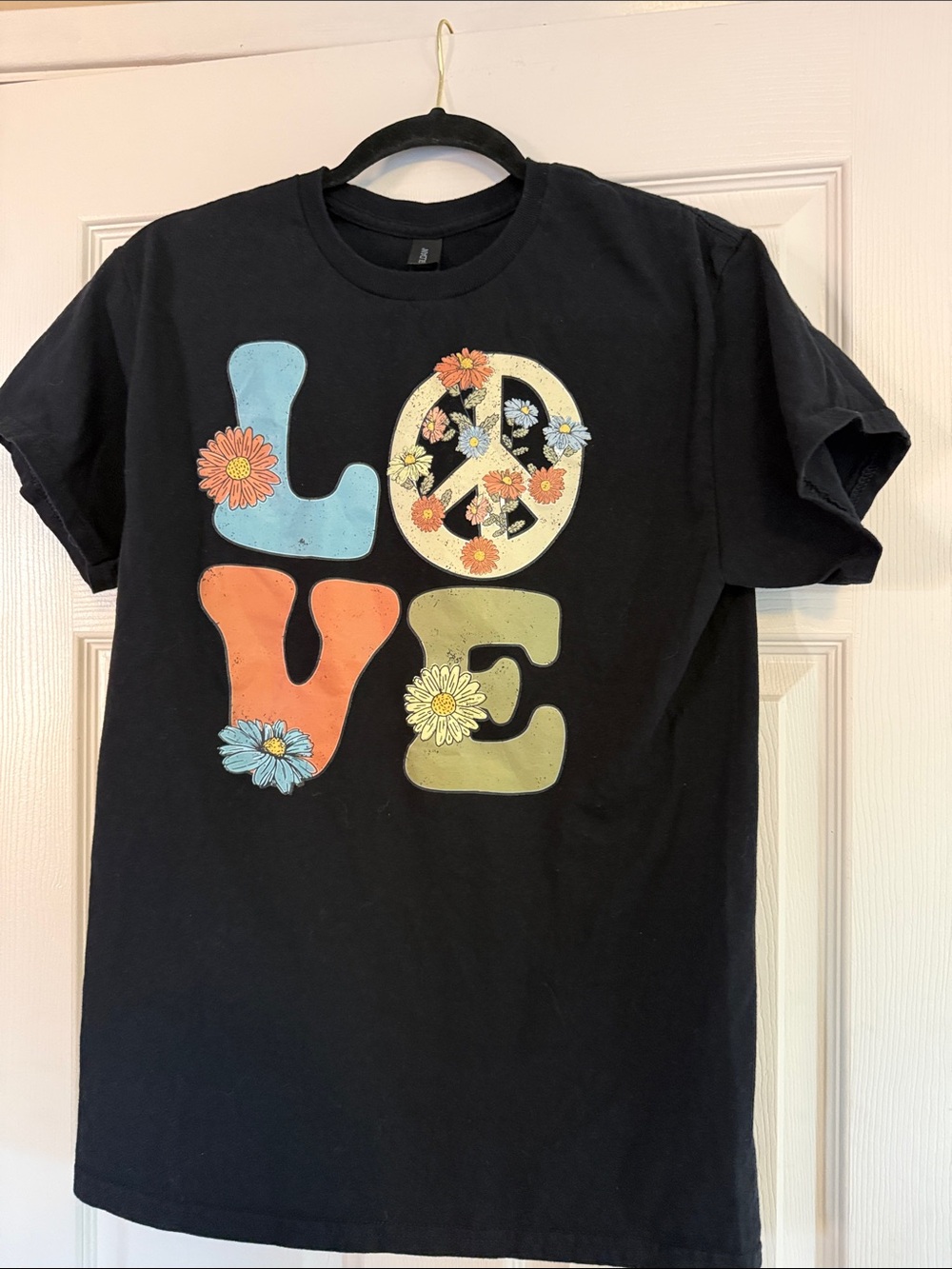 Black Short-Sleeve 'LOVE' Graphic Tee with Multicolor Floral Accents
